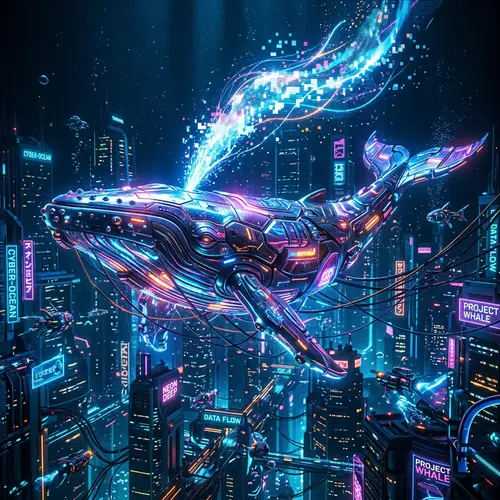 Majestic Cyberpunk-Themed Whale in Neon Ocean Lights