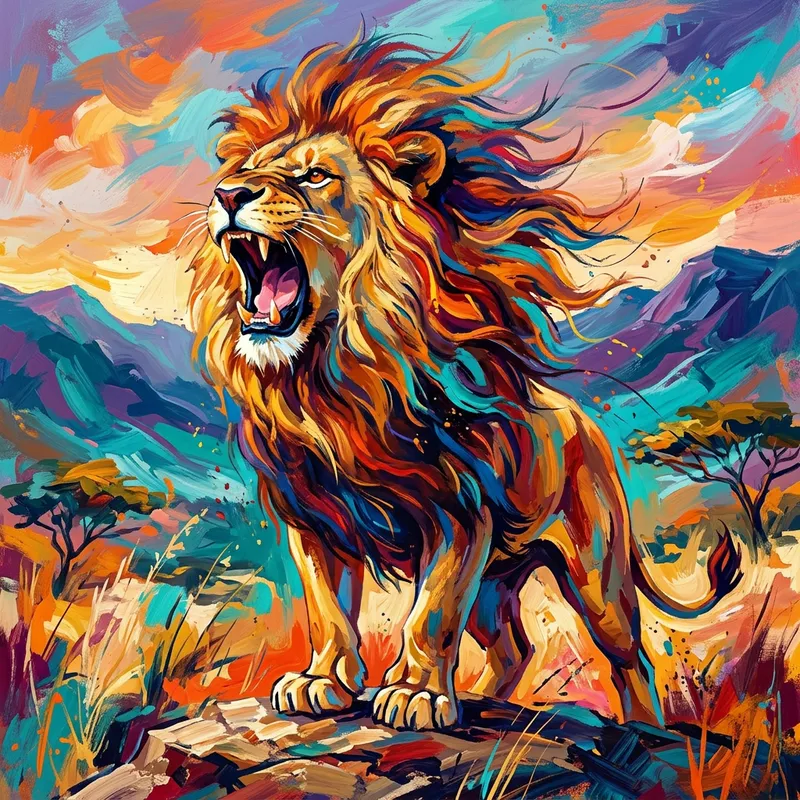 Vibrant Regal Lion Roaring Artwork | Bold Wildlife Painting Vibrant Regal Lion Roaring Artwork | Bold Wildlife Painting