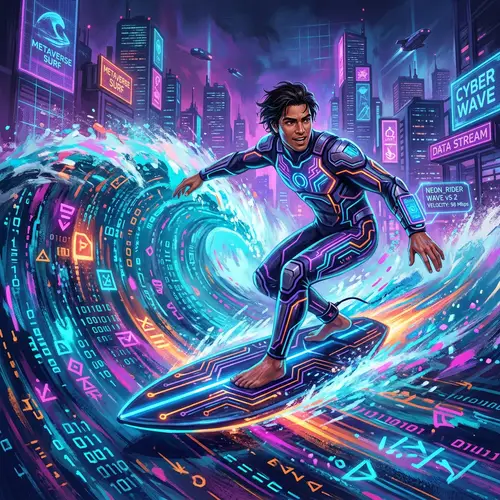 Futuristic Surfer in Virtual Metaverse | Neon Cyberpunk Art