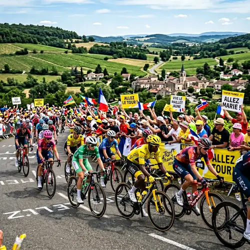 Tour de France Cyclists Racing in Diverse Group | Rural Landscape Views