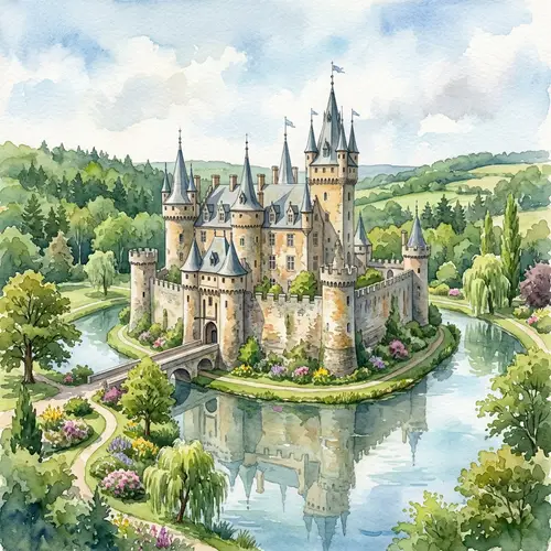 Majestic Castle Watercolor Painting - Tranquil Day Scene