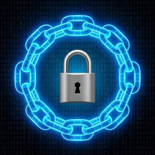 Blockchain Security Illustration: Glowing Digital Chain & Padlock