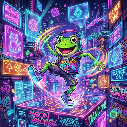 Dynamic Dancing Green Frog in Cyberpunk Virtual Reality World