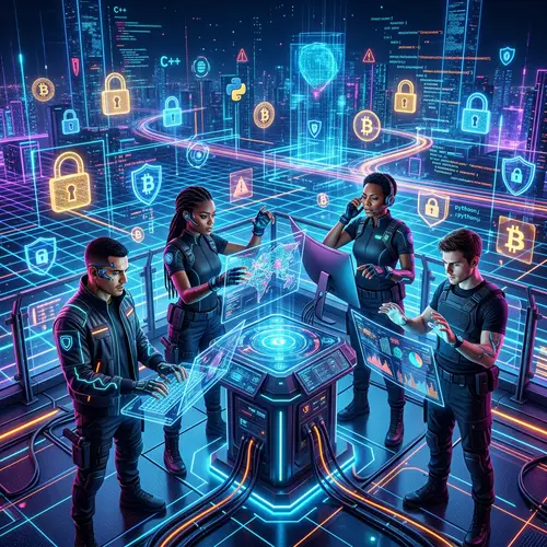Futuristic Cybersecurity Scene with Diverse Characters