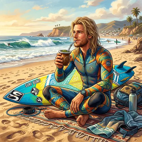 Caucasian Male Surfer Enjoying Yerba Mate on Beach | Surf Lifestyle