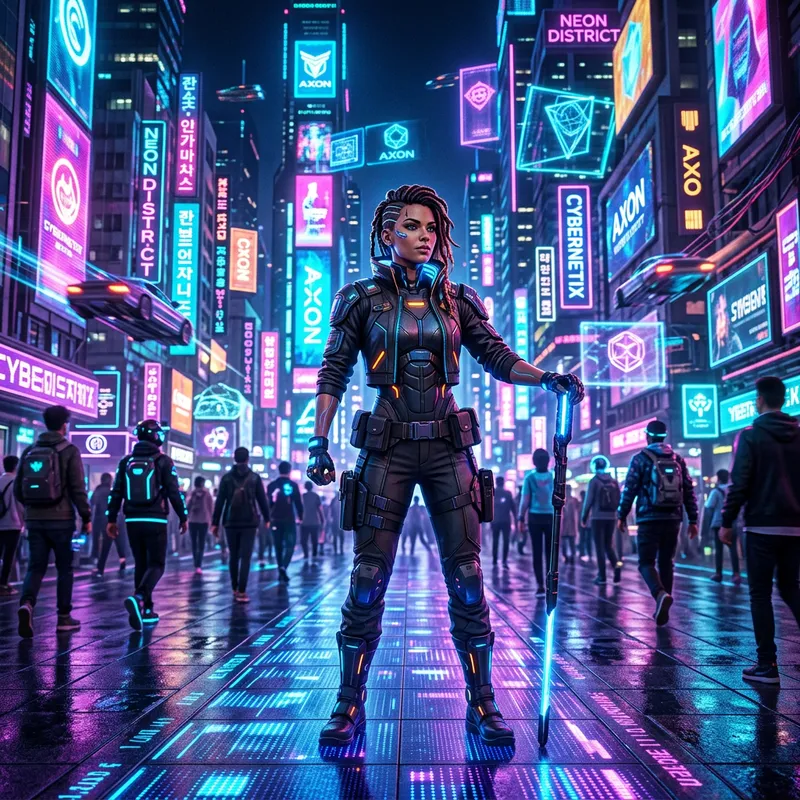 Futuristic Neon-Lit Metaverse Cityscape with Cybernetic Female Figure Futuristic Neon-Lit Metaverse Cityscape with Cybernetic Female Figure