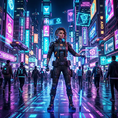 Vibrant Neon-Lit Street in Digital Metaverse - Cybernetic Explorer