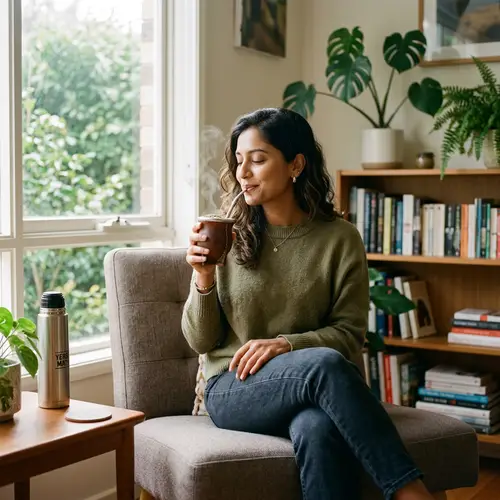 Tranquil South Asian Woman Enjoying Yerba Mate Drink
