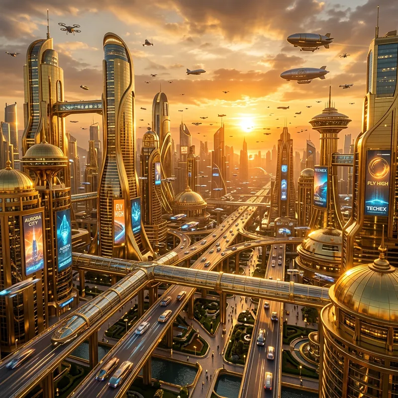 Shiny Gold Futuristic Cityscape | Skyscrapers, Drones Shiny Gold Futuristic Cityscape | Skyscrapers, Drones