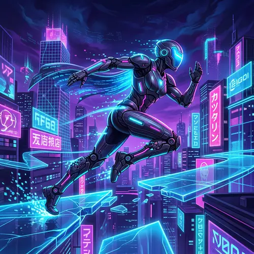 Cybernetically Enhanced Humanoid in Neon-Lit Virtual Cityscape