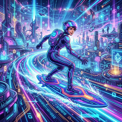 Digital Surfer in Vibrant Metaverse: Neon-Colored Gear & Immersive Environment