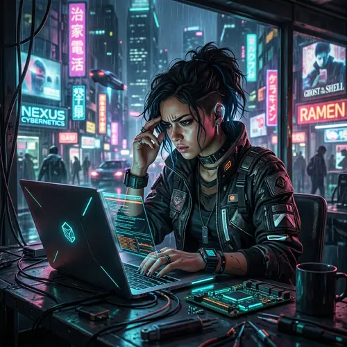 Futuristic Cyberpunk Woman Immersed in Work