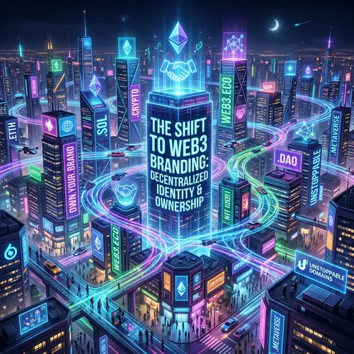 Web3 Domains Shift: Futuristic Cityscape with High-Tech Branding