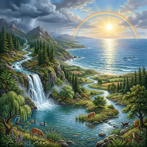 Story of Water: Serene Mountainside to Vast Ocean with Rainbow