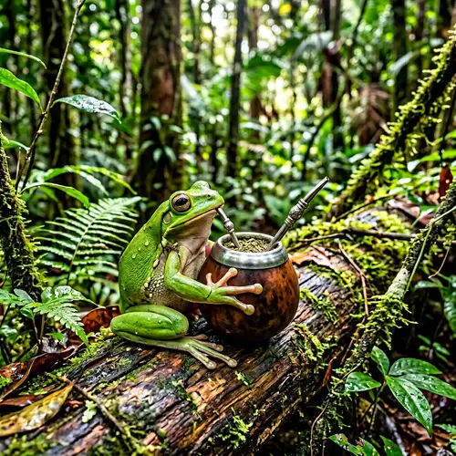 Green Frog Sipping Yerba Mate in Serene Forest Setting