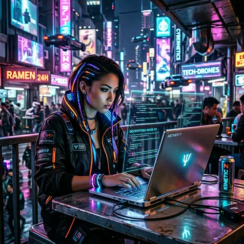 Cyberpunk Woman Engrossed in Code on Modern Laptop