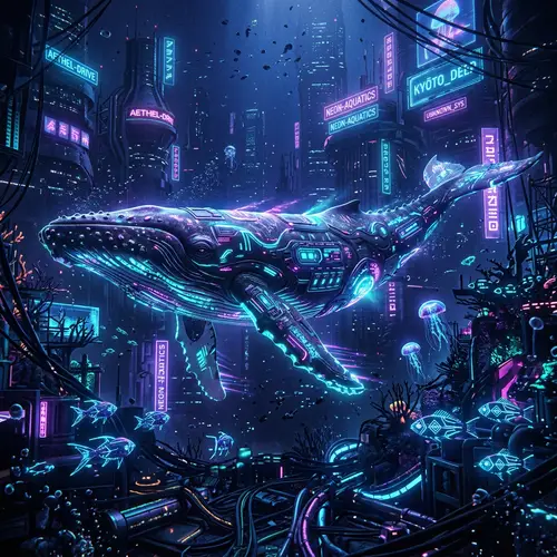 Cyberpunk Whale Swimming in Futuristic Neon Ocean