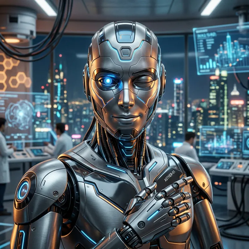 Futuristic AI Robot with Metallic Exterior and Playful Wink Futuristic AI Robot with Metallic Exterior and Playful Wink