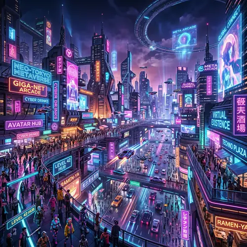 Futuristic Metaverse Cityscape: Vibrant Neon Lights & Cyberpunk Aesthetics