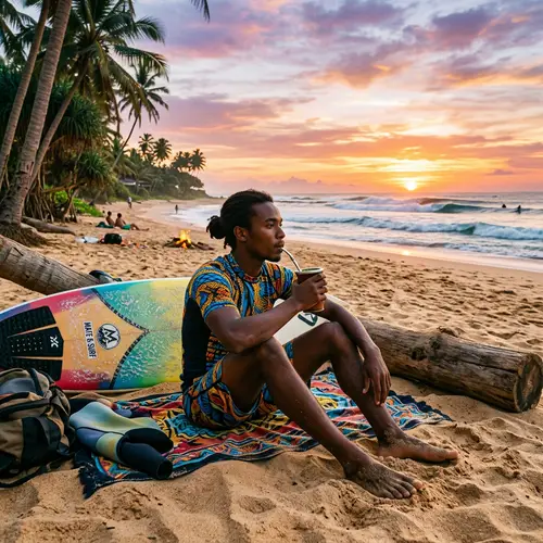 Relaxing Yerba Mate Moment: African Male Surfer on Sandy Beach