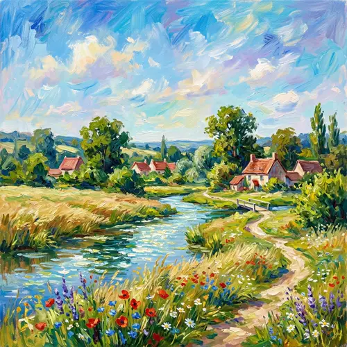 Impressionist Oil Painting of Tranquil Rural Scene