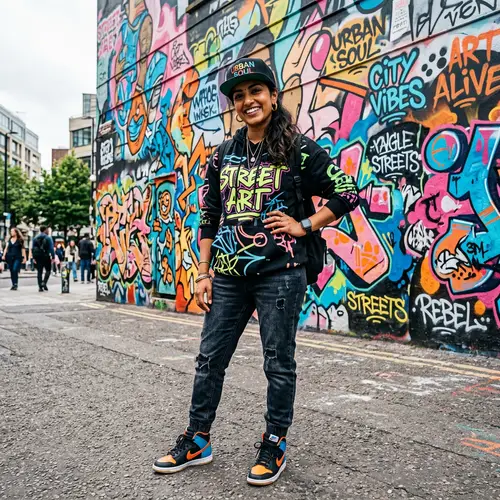 Urban Streetwear Fashion: Vibrant Graffiti Style by South Asian Woman