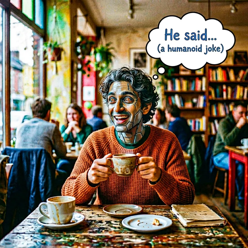 Whimsical Cafe Scene: Playful Humanoid with Coffee in Impressionist Cafe Setting Whimsical Cafe Scene: Playful Humanoid with Coffee in Impressionist Cafe Setting