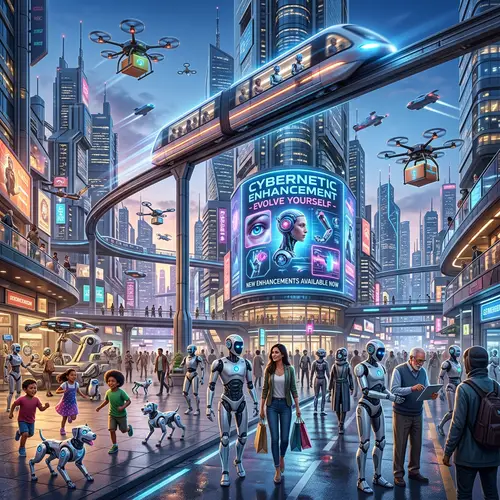 Futuristic Cityscape: Metallic Skyscrapers, Robots, and High-Tech Marvels