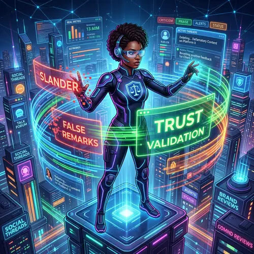 Futuristic Metaverse Reputation Defender | African Woman Modifying Data Streams