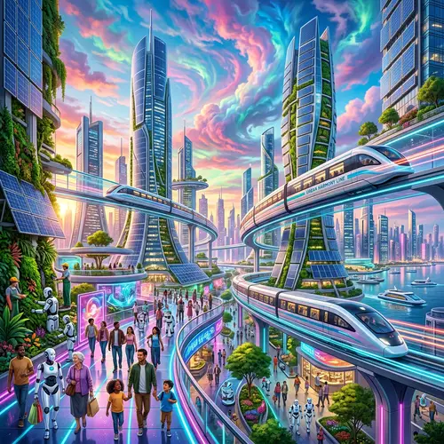 Futuristic Utopian Cityscape: Technicolor Clouds & High-Tech Harmony