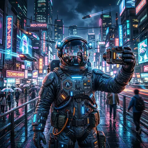 Futuristic Cyberpunk Astronaut Selfie in Neon Cityscape