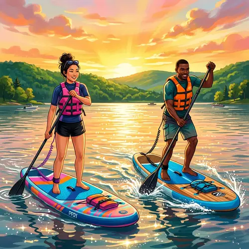 Paddleboarding Illustration: Asian Woman and Black Man on Glittering Lake