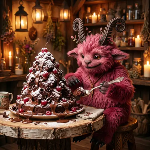 Feasting Monster Indulging in a Mountain of Chocolate Delight