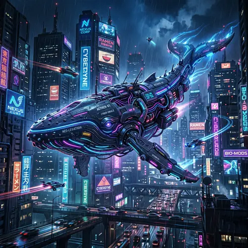 Cyberpunk Whale in Futuristic City | Digital Art