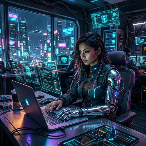Futuristic South Asian Woman Working on Metallic Laptop