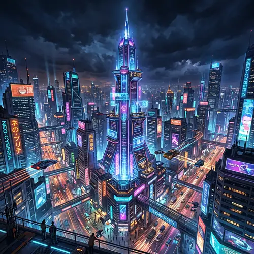 Futuristic Neon Cityscape Digital Painting