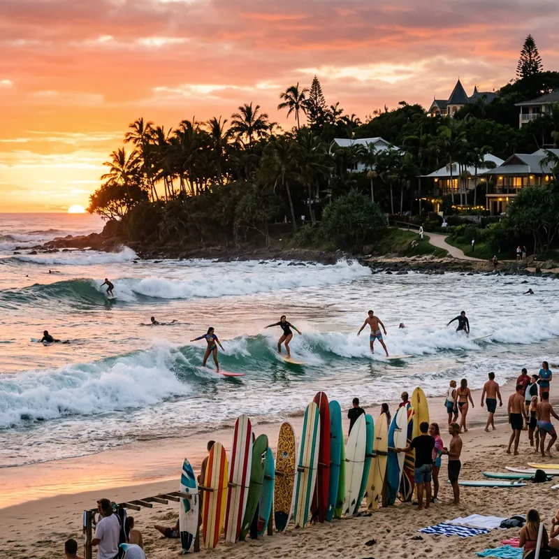 Surfers Paradise: Colorful Sky and Diverse Surfers