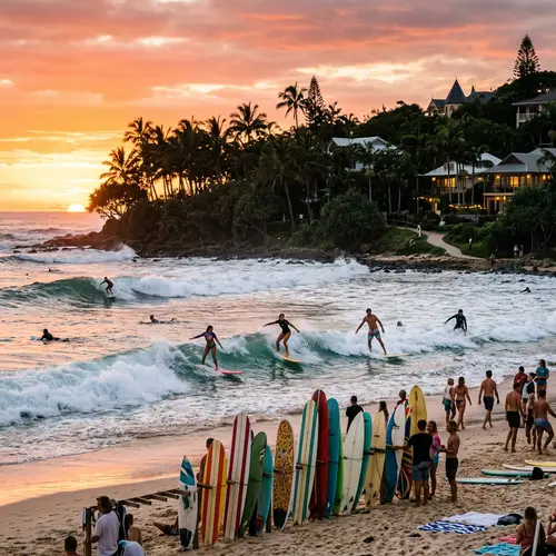 Surfer's Paradise: Beach Scenes with Diverse Surfers and Colorful Sky