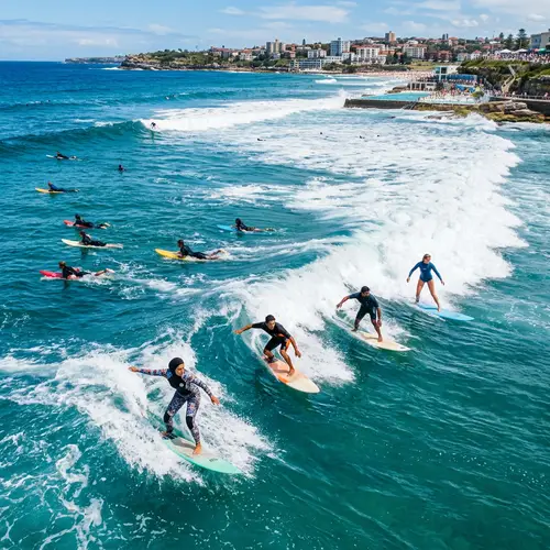 Diverse Surfers Riding Waves at Surfers Paradise Beach, Australia