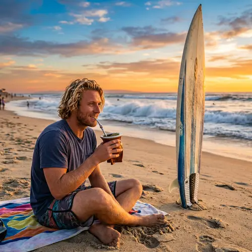 Caucasian Surfer Enjoying Yerba Mate on Beach