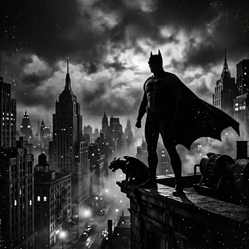 Mysterious Noir-Style Superhero On Towering Building
