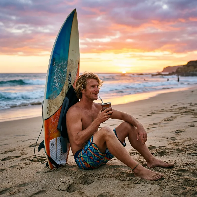 Blond Surfer Drinking Yerba Mate at Sunset Beach