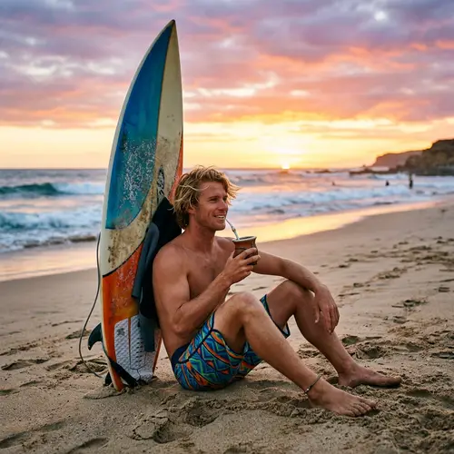 Blond Surfer Enjoying Yerba Mate on Beach | Sunset Relaxation
