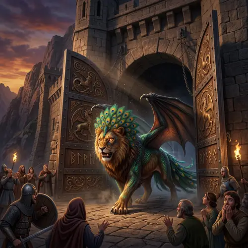 Mythical Beast Emerges from Grand Gate - Enchanting Scene