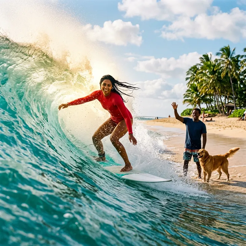 Surfer Riding Turquoise Wave in Red Wetsuit