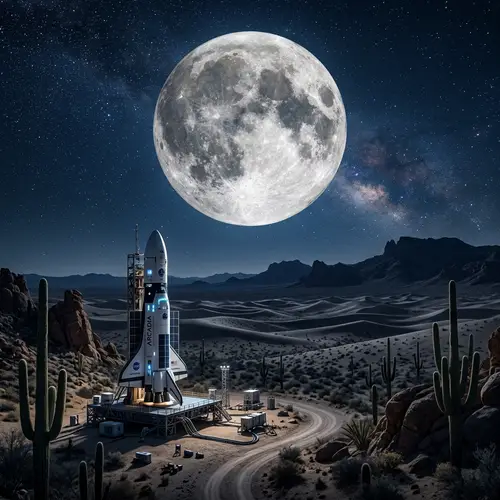 Moonlit Night Landscape with Spaceship Launching | Tranquil Scene