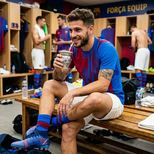 Hispanic Football Player Drinking Yerba Mate in Blue and Red Jersey
