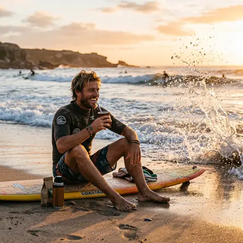 Vibrant Beach Surfer Enjoying Yerba Mate on Sandy Shore