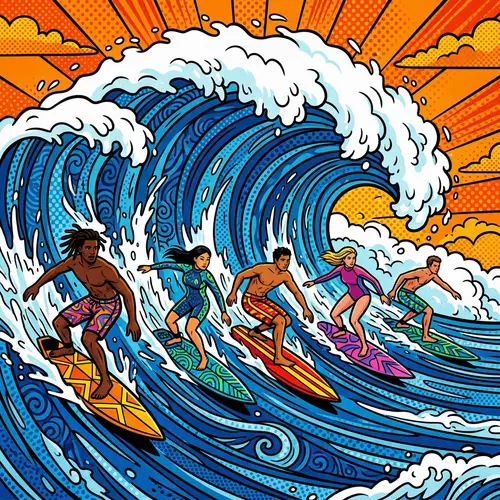 Multicultural Surfers Riding Gigantic Wave | Pop Art Style
