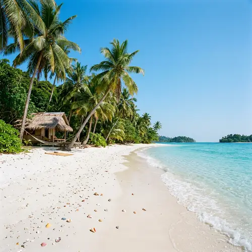 Tranquil Tropical Beach with Palm Trees, Seashells, and Thatched-Roof Hut